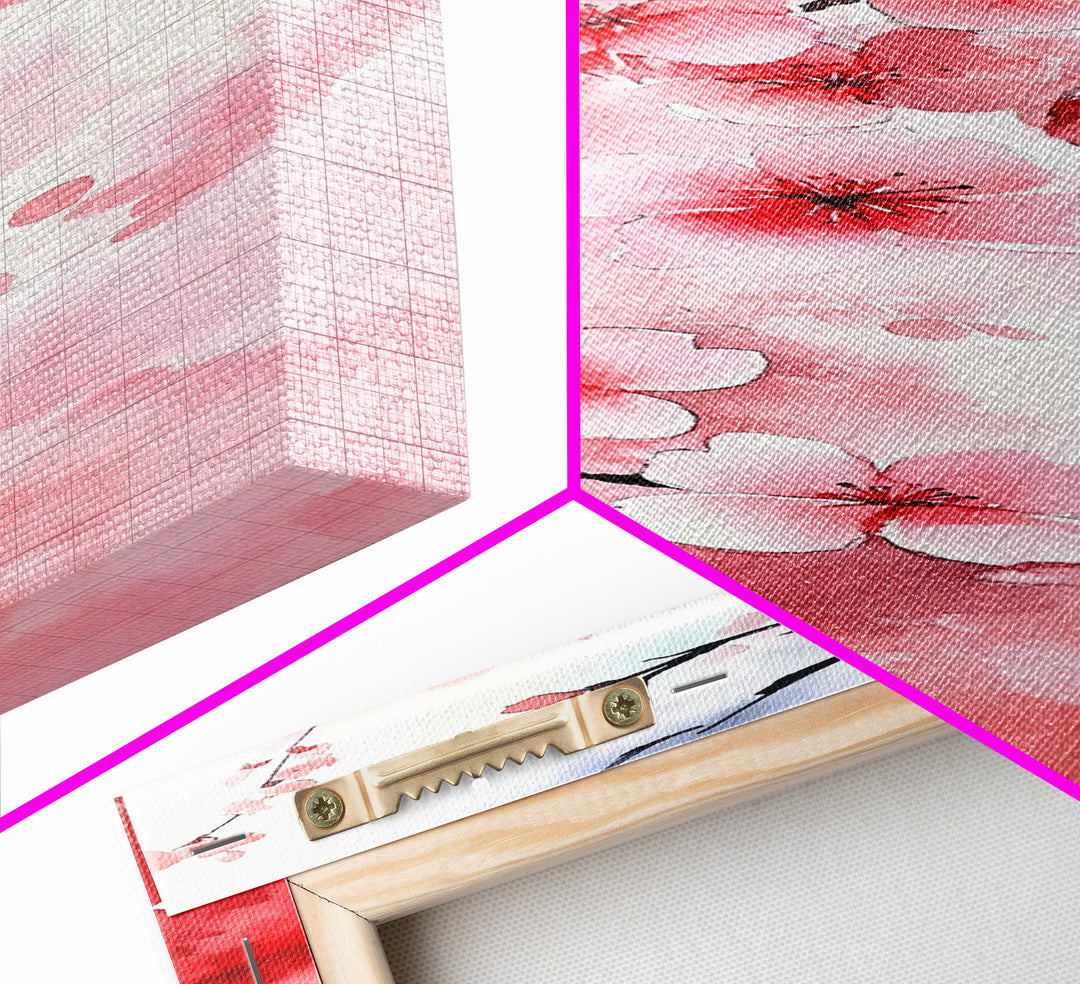 Cherry Blossom Framed Canvas Print, Japanese Inspired Wall Art, Pink Botanical Artwork, Minimalist Living Room Decor, Gift Idea