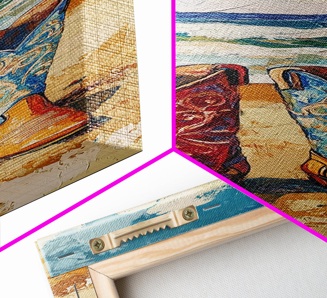 Coastal Cowgirl Boots Canvas Print, Vibrant Red and Blue Cowboy Boots on Beach with Ocean Waves, Coastal Wall Art, Nautical Decor, Gift Idea