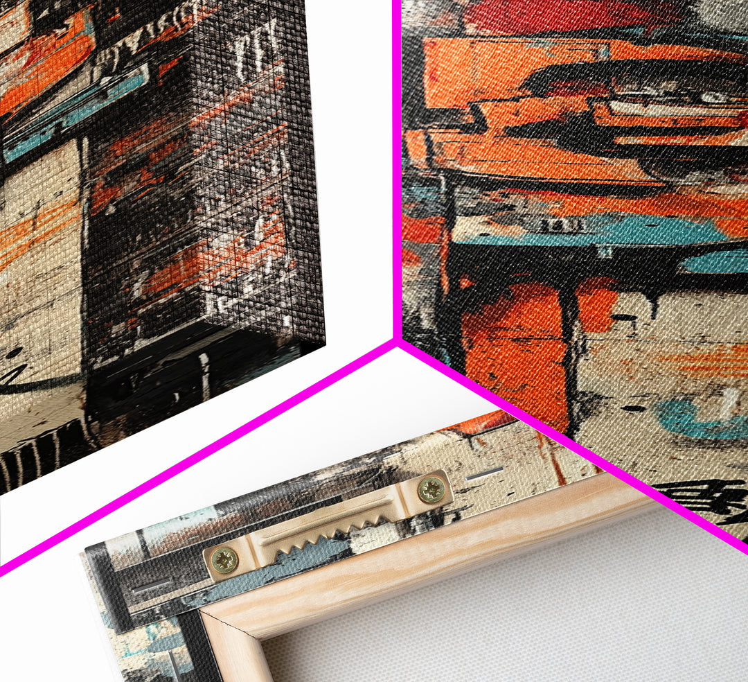 Urban Graffiti Canvas Print with Orange and Teal Accents, Long Narrow Wall Art for Contemporary Home or Living Room Decor