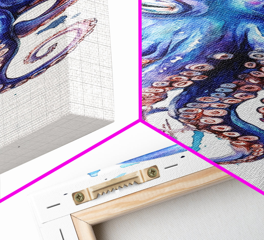 Blue Octopus Art Framed Canvas Print Vibrant Marine Life Decor Whimsical Coastal Nautical Artwork Living Room Statement Piece