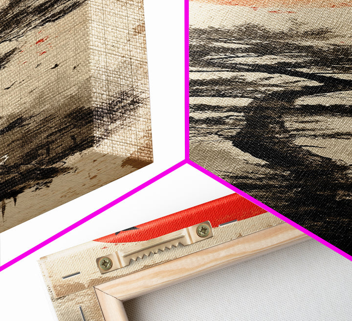 Bold Red Sun Pine Tree Framed Canvas Print Japanese Inspired Minimalist Wall Art Rustic Zen Decor Unique Vertical Nature Artwork