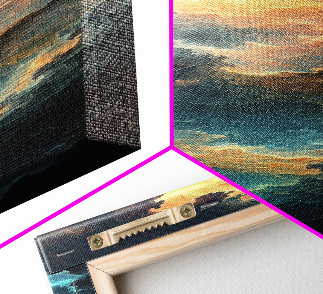 Celestial Abstract Landscape Framed Canvas Print Moody Horizontal Wall Art Blue and Gold Living Room or Bedroom Decor