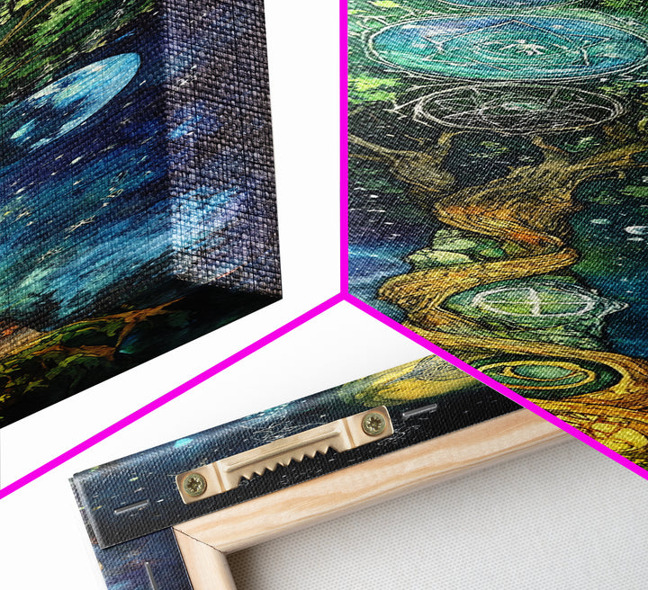 Celestial Tree Canvas Print With Cosmic Sacred Geometry Art, Whimsical Night Sky Scene, Panoramic Art Ideal Above Sofa Wall Decor