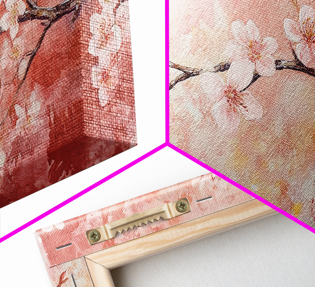 Cherry Blossom Painting Framed Canvas Print, Light Pink Wall Art Living Room Decor, Horizontal Wall Art Rustic Art Gift Idea for Her