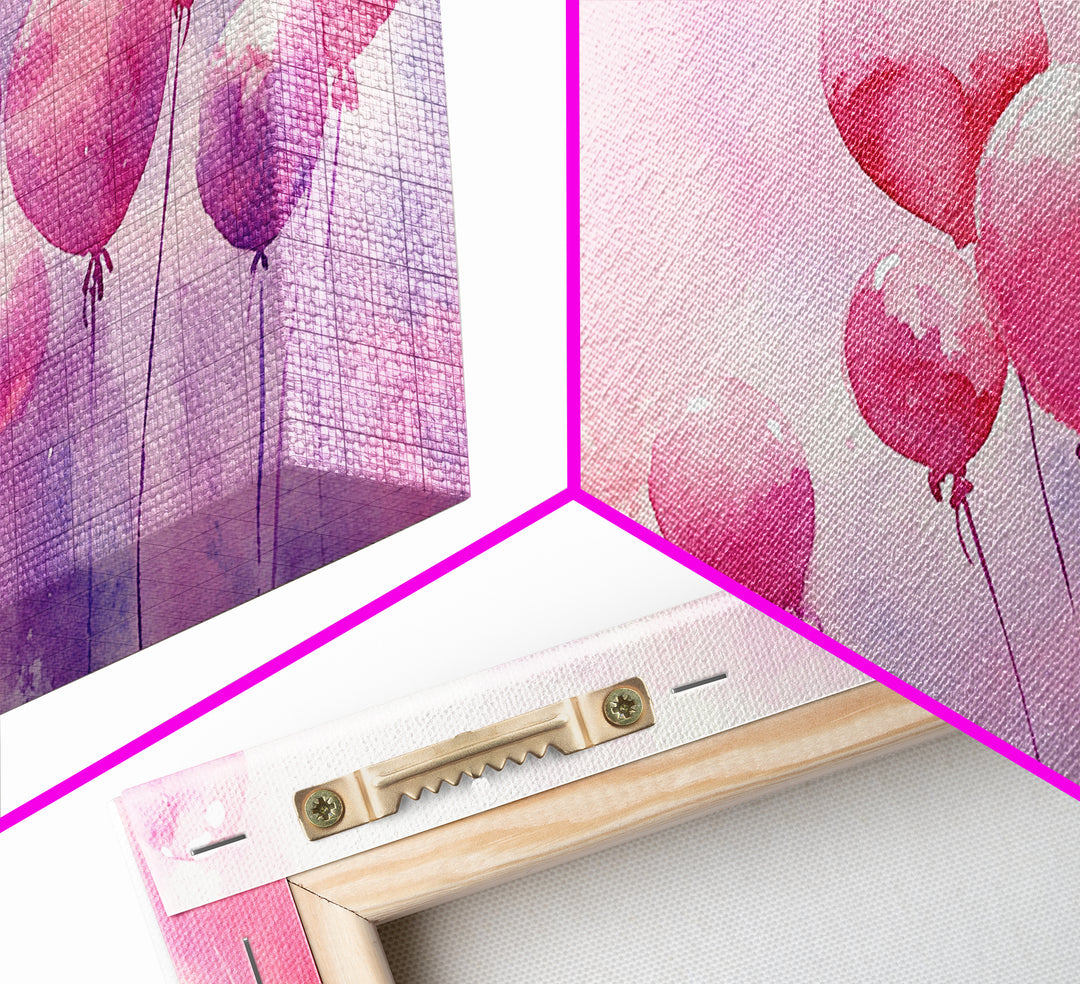 Pink Balloons Painting Framed Canvas Print, Whimsical Art Light Pink Wall Decor, Extra Wide Horizontal Wall Art Rustic Art Gift