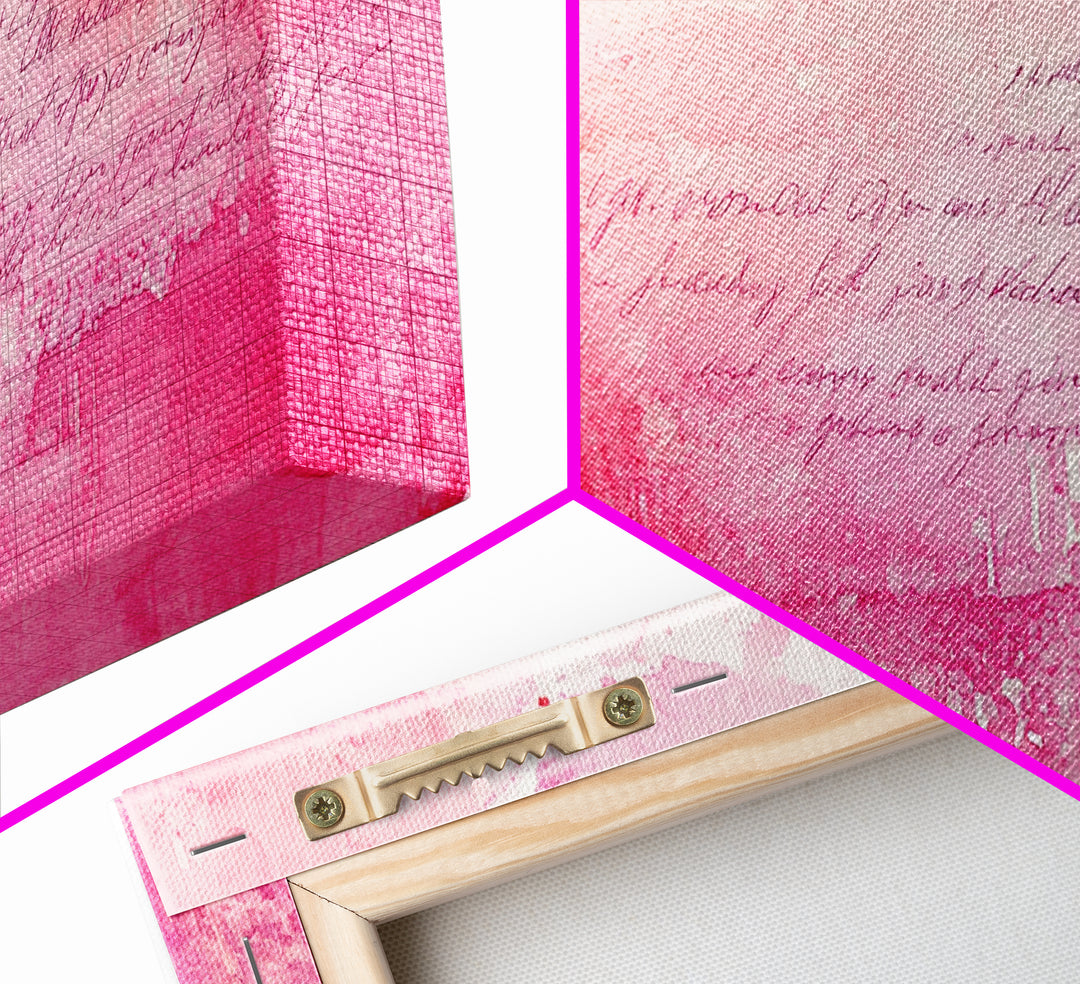 Abstract Pink Writing Framed Canvas Print, Light Pink Wall Art Chinoiserie Whimsical Decor, Rustic Wall Art Horizontal Gift Idea