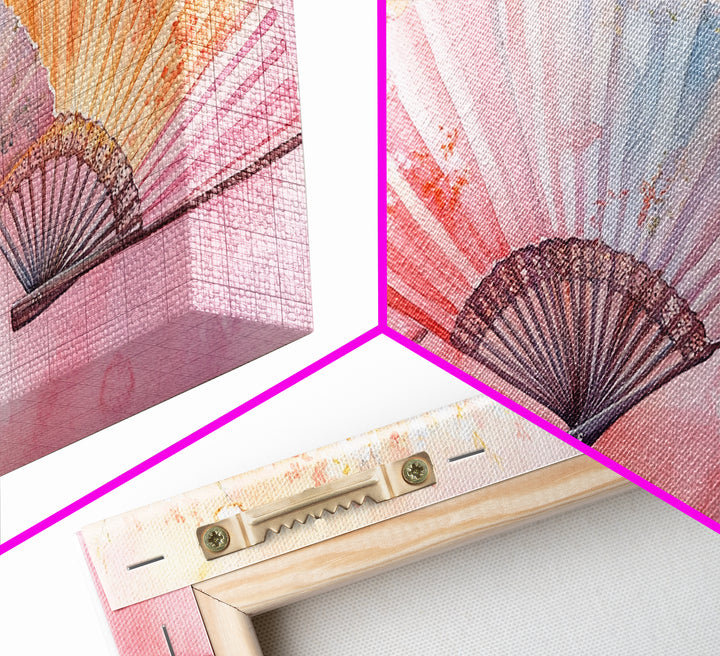 Cherry Blossom Fan Canvas Print Japanese Inspired Art Framed Pink Orange Wall Art Long Narrow Skinny Bedroom Rustic Spring Decor