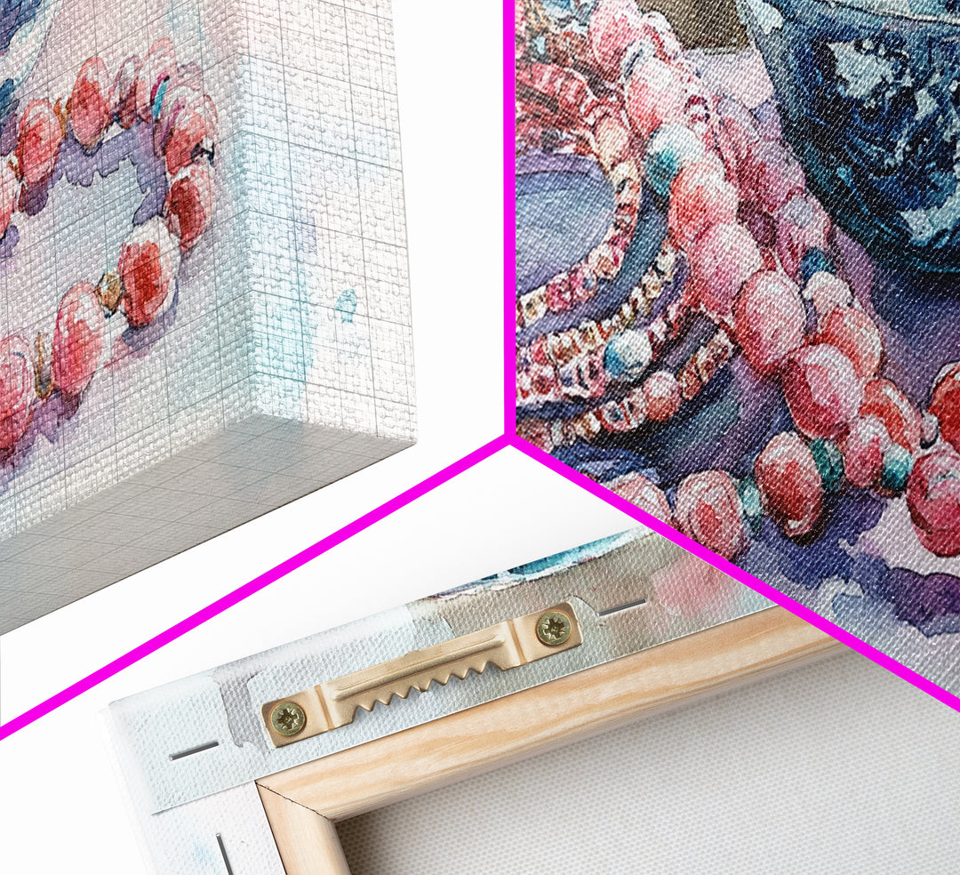 Beaded Necklace Canvas Print | Whimsical Boho Jewelry Wall Art | Pink and Blue Pastel Artwork | Feminine Room Decor | Gift Idea for Her