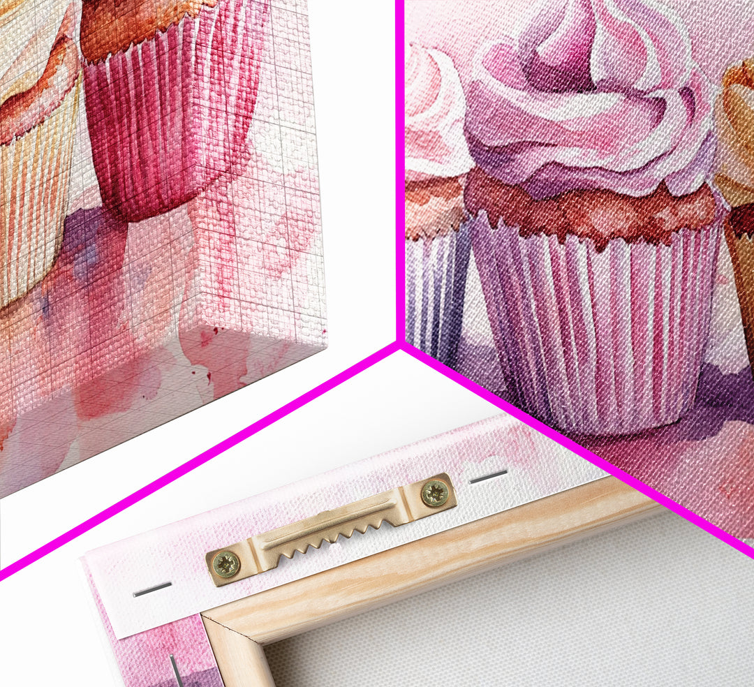 Cupcake Row Canvas Print | Whimsical Sweet Treats Wall Art | Kitchen Dessert Artwork | Pastel Food Lover's Decor | Light Pink Whimsical Art