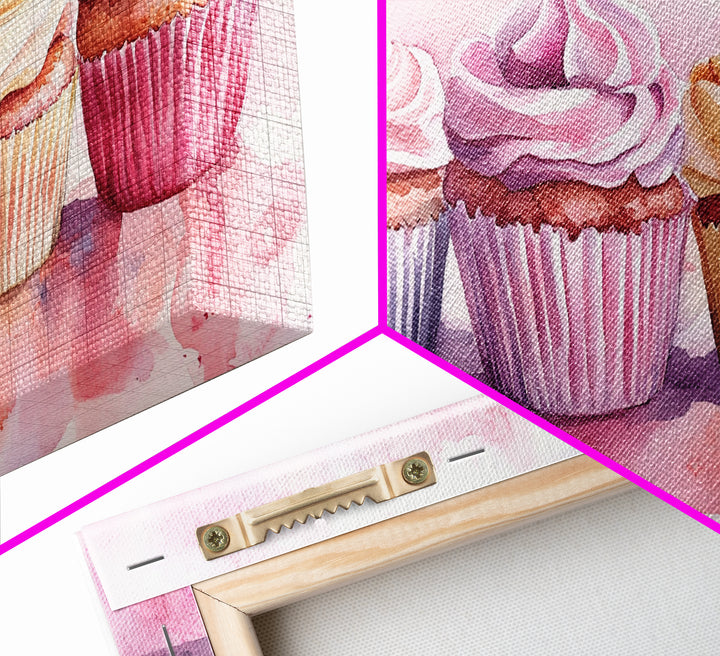 Cupcake Row Canvas Print | Whimsical Sweet Treats Wall Art | Kitchen Dessert Artwork | Pastel Food Lover's Decor | Light Pink Whimsical Art