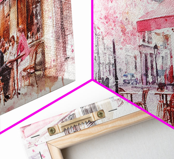 Parisian Café Scene Framed Canvas Print, Cherry Blossom Painting, European Street Art, Romantic Wall Art, Living Room Decor