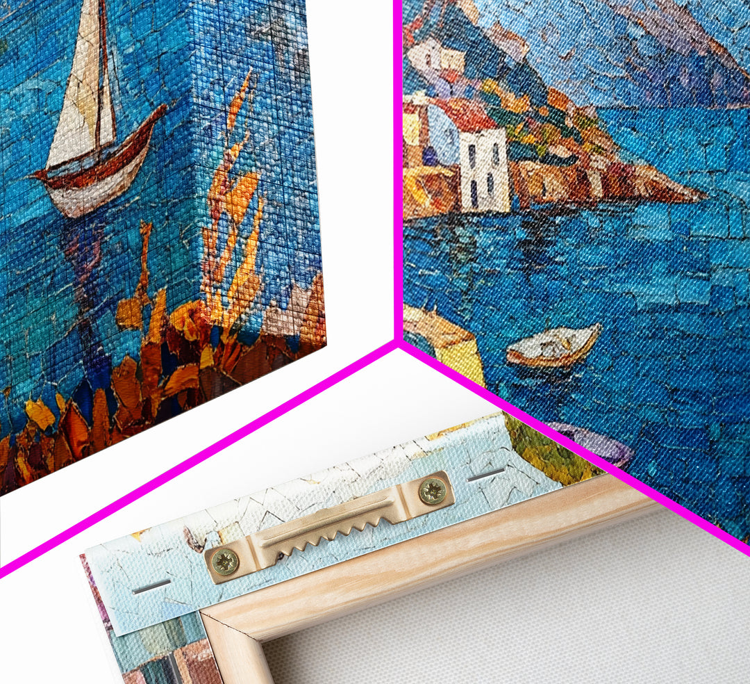 Coastal Sailboat Scene Mosaic Canvas Print - Nautical Decor Seascape Painting - Rustic Fall Wall Art Above Sofa Coastal Home Art
