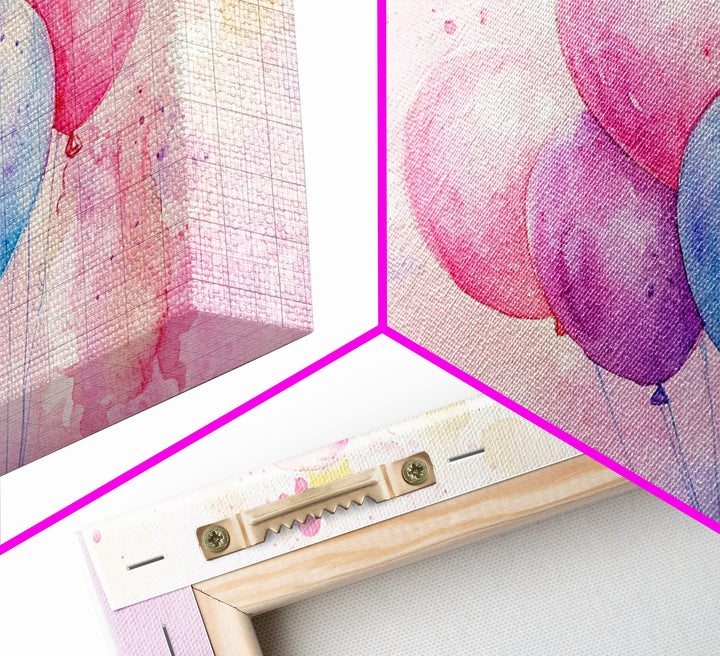 Balloon Cluster Canvas Print | Whimsical Art, Light Pink and Blue Wall Art, Birthday Decor, Pastel Wall Art, Playroom Art, Living Room Decor