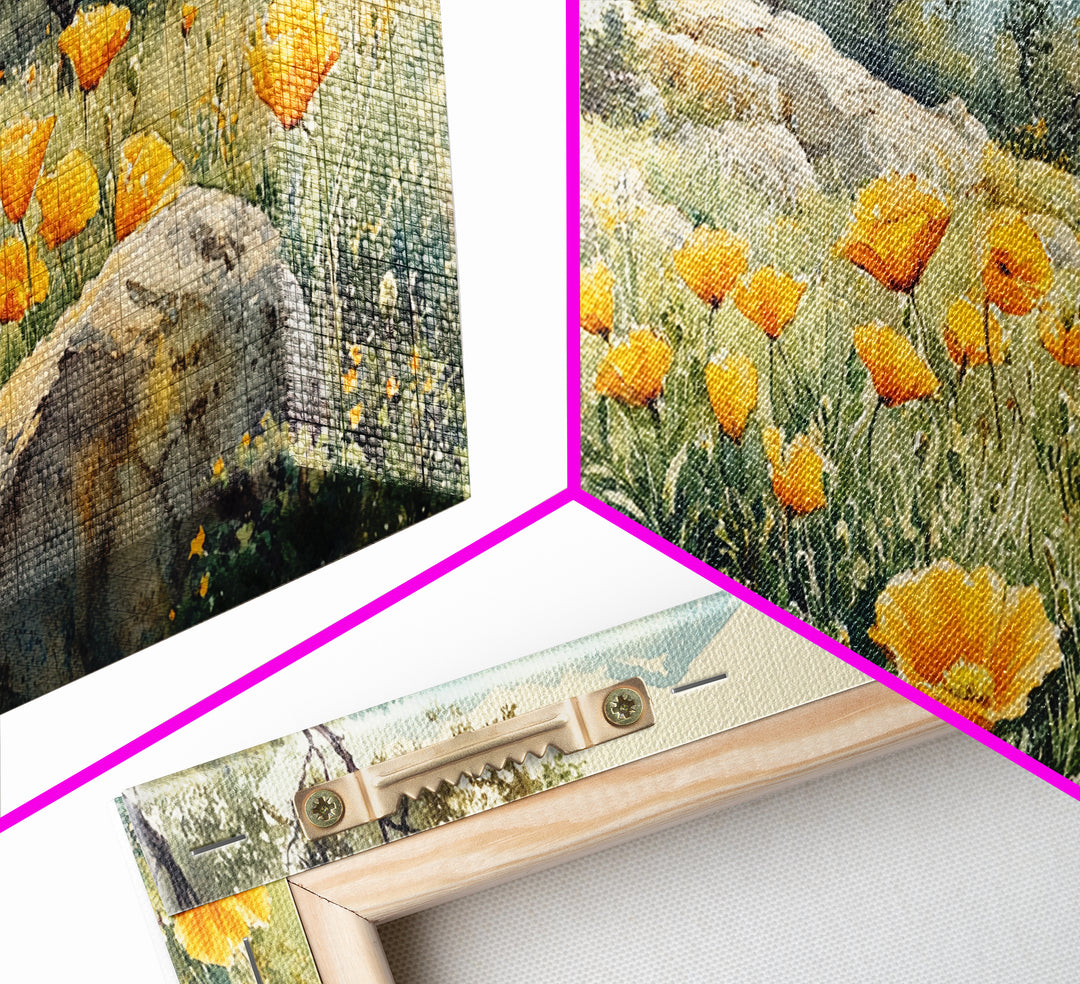 California Poppy Art Landscape Framed Canvas Print Wildflower Wall Art Rustic Decor Above Sofa Living Room Art Gift Idea