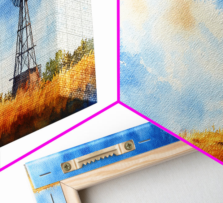 Bright Blue Sky Windmill Framed Canvas Print Rustic Farmhouse Art Horizontal Artwork Ideal Above Sofa Unique Living Room Wall Decor