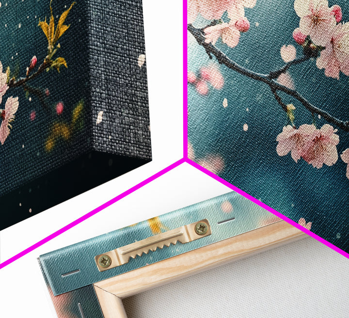 Blossoming Cherry Branch Framed Canvas Print Japanese Style Rustic Decor Great Gift Idea Botanical Prints Beautiful Bedroom Wall Art