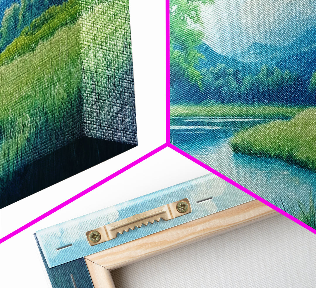 Canvas Print of Serene Green Valley and River Landscape, Rustic Wall Art, Gift Idea for Nature Lovers and Rustic Home Decor