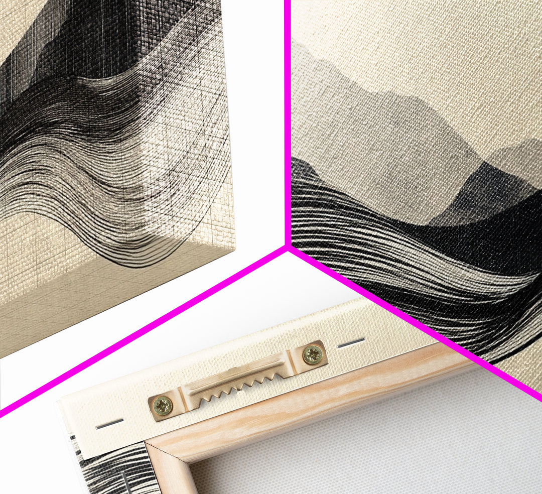 Abstract Mountain Landscape Framed Canvas Print, Wabi Sabi Wall Art Minimalist Decor, Rustic Line Art Idea Bedroom Artwork Vertical Design