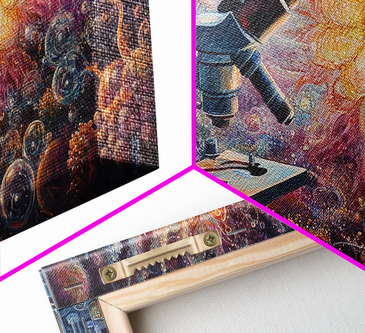 Zen Science Art Framed Canvas Print, Molecular Cosmos Microscope Painting, Moody Therapy Wall Decor, Above Sofa Living Room Art