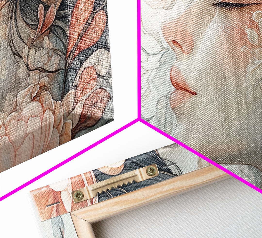 Dreamy Floral Goddess Framed Canvas Print with Light Pink Wall Art and Rose Painting Stunning Bedroom or Living Room Accent