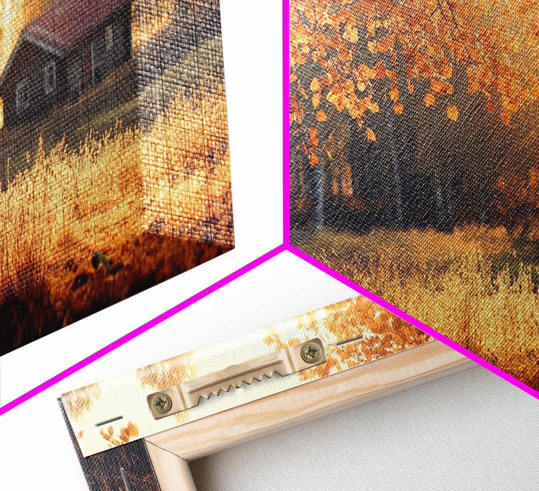 Cozy Autumn Cabin Framed Canvas Print with Fall Landscape Painting and Farmhouse Art Above Couch Art Living Room Rustic Decor