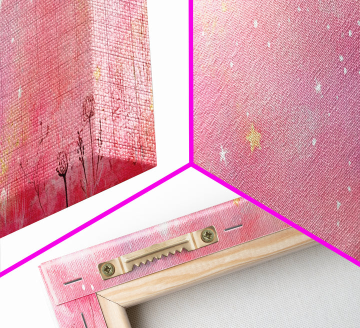 Crescent Moon Painting Canvas Print with Whimsical Starry Sky, Pink Wall Art for Living Room or Guest Room, Dreamy Decor