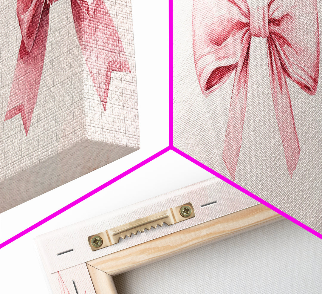 Light Pink Wall Art Canvas Print with Bows Decor, Minimalist Painting, Bedroom Art, Horizontal Abstract Artwork for Living Room