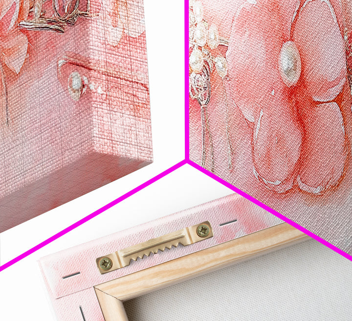 Cherry Blossom Canvas Print with Delicate Pearl Accents, Romantic Light Pink Wall Art for Bedroom or Coastal Wedding Decor