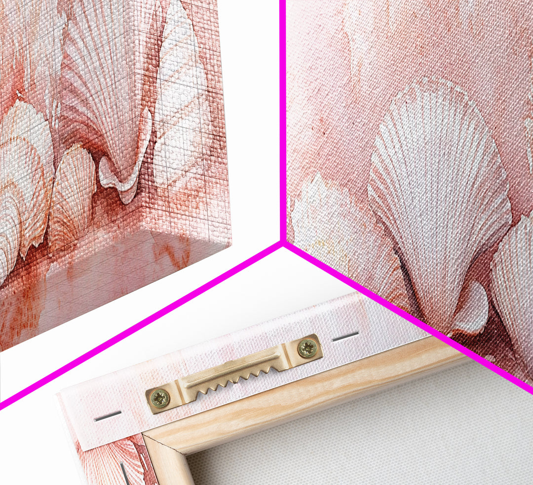 Coastal Shell Art Canvas Print Featuring Light Pink and Orange Pastel Hues, Beach House Decor, Nautical Wall Art for Living Room