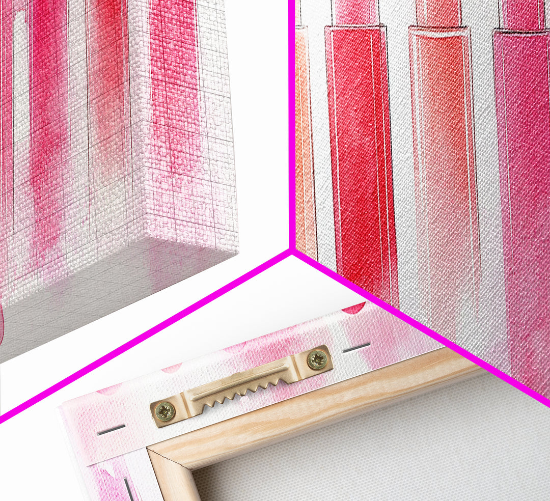 Pink Abstract Art Framed Canvas Print Featuring Lip Gloss Collection, Feminine Living Room Artwork, Boho Dorm Decor Gift Idea