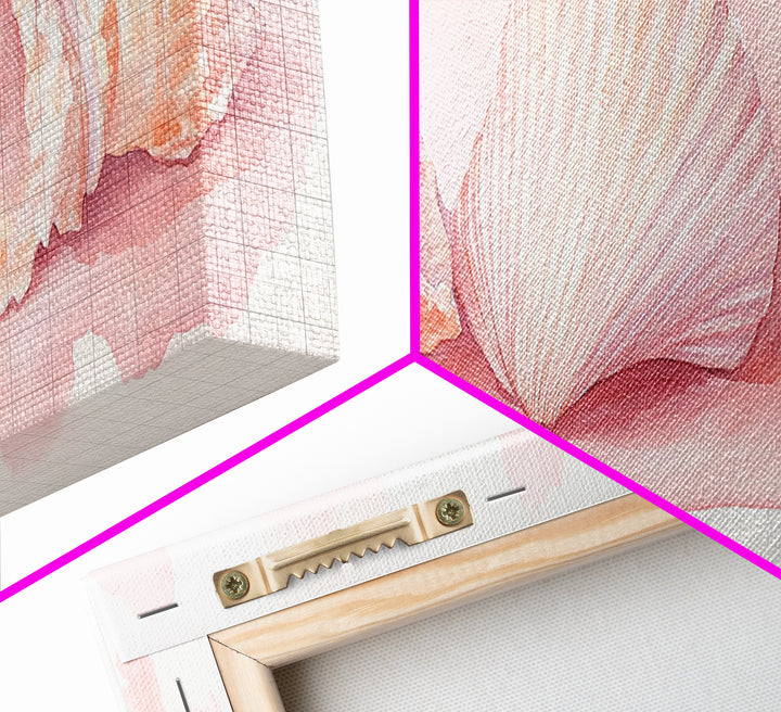 Shell Painting Framed Canvas Print Featuring Coastal Shells in Pastel Pink, Nautical Decor Idea, Horizontal Coastal Artwork