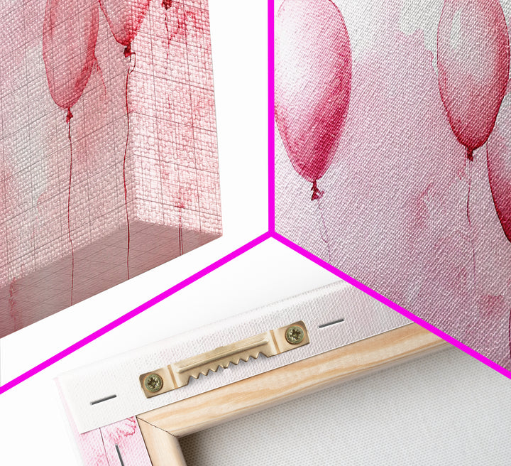 Balloon Painting Framed Canvas Print in Pastel Pink Hues, Whimsical Horizontal Artwork, Light Pink Wall Art for Living Room Decor