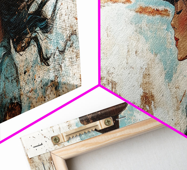 Blue Cowgirl Canvas Print Rustic Western Painting Farmhouse Art Wabi Sabi Artwork Guest Room Decor Extra Wide Wall Art