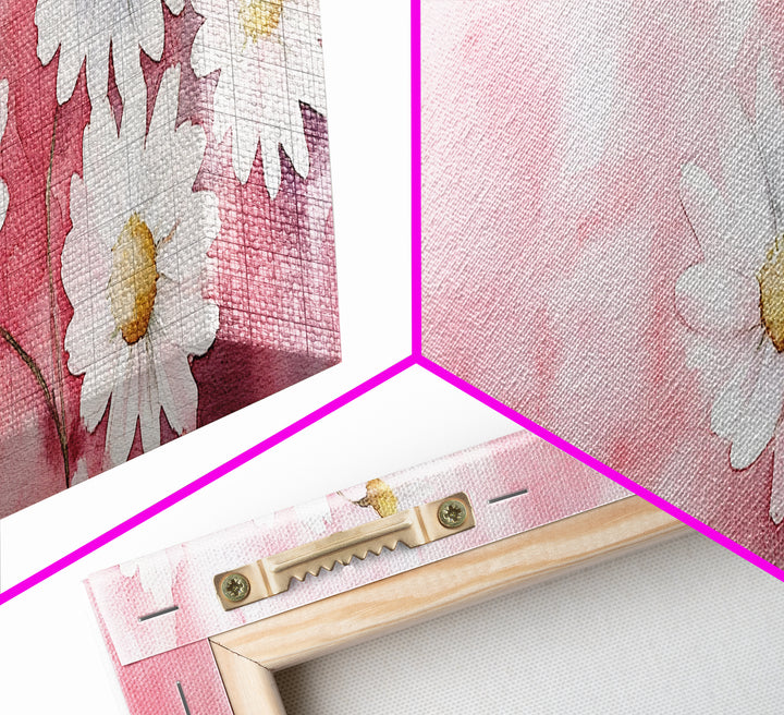 Daisy Flower Wall Art, Canvas Print, Light Pink and White Minimalist Artwork, Botanical Prints Style, Bedroom Whimsical Decor