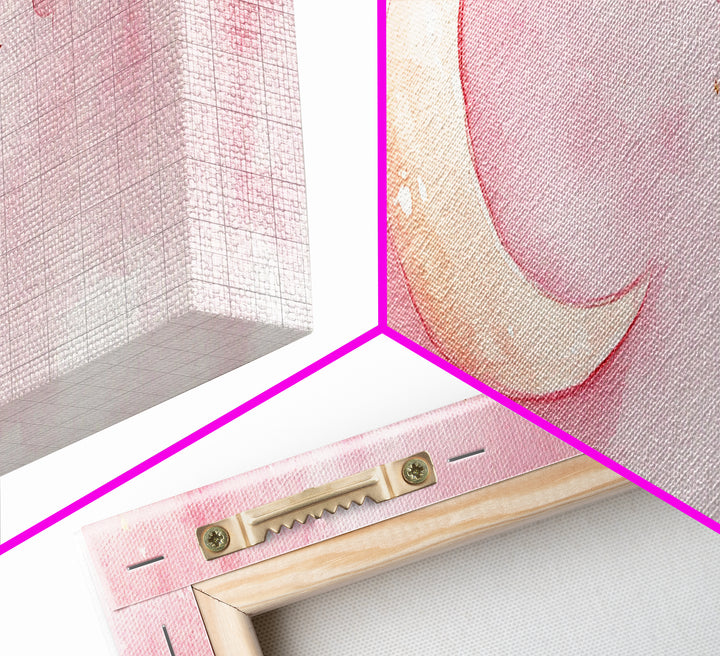 Crescent Moon with Stars Painting, Canvas Print, Light Pink Whimsical Wall Art, Nursery Aesthetic Artwork, Minimalist Cozy Decor