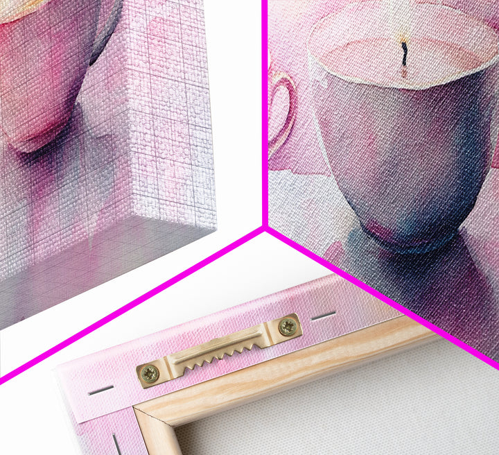 Candlelight Framed Canvas Print, Cozy Pastel Teacup Candles Art, Light Pink Wall Decor, Bedroom or Dining Room Whimsical Artwork