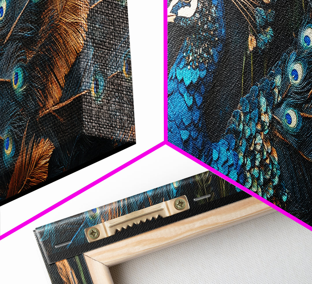 Blue Peacock Framed Canvas Print Chinoiserie Style Mosaic Wall Art Boho Rustic Decor Living Room Feature Art Print