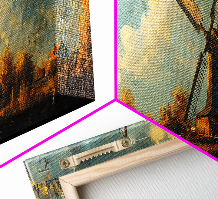 Autumn Windmill Scene Framed Canvas Print - Rustic Fall Farmhouse Art, Moody Living Room Wall Art, Horizontal Panoramic Decor Gift Idea