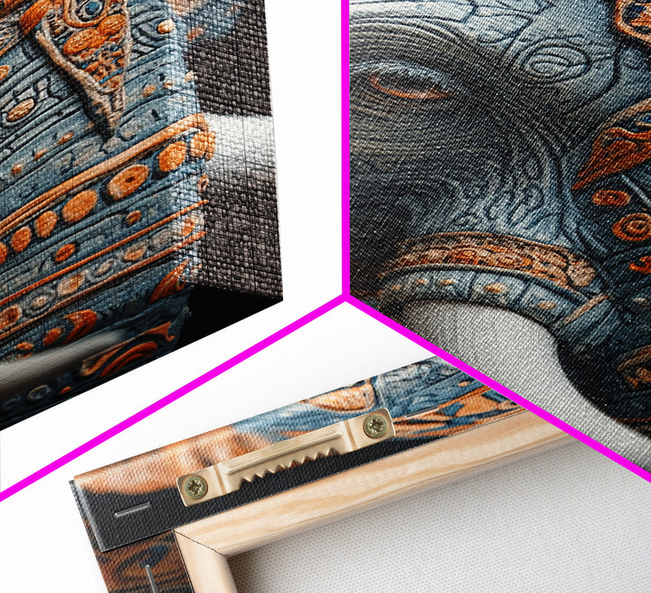 Detailed Elephant Face Framed Canvas Print – Kerala Mural Art, Sacred Geometry Decor, Ganesh Wall Art Rustic Boho Inspired Room Decor