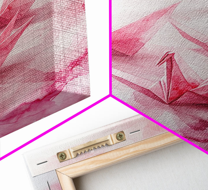 Origami Cranes Canvas Print, Pink Paper Bird Art, Minimalist Zen Decor, Whimsical Artwork Bedroom Wall Art, Japanese-Inspired Gift