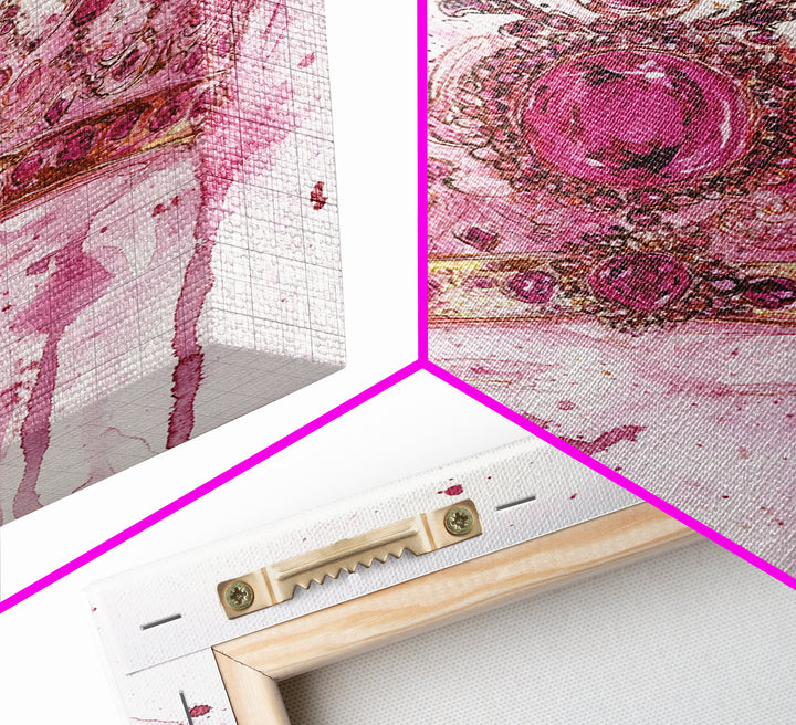 Regal jeweled crown painting featuring framed canvas print, moody art, pink wall art for dorm, unique goddess art print decor