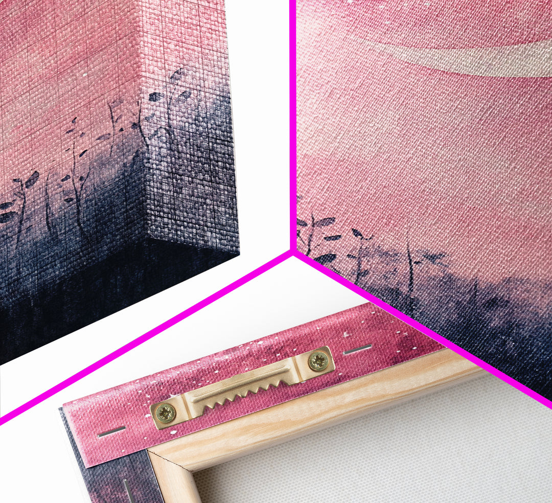 Crescent moon painting on framed canvas print, moody art, pink abstract art, cherry blossom painting, vertical wall art decor