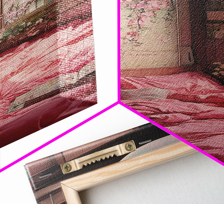 Cherry Blossom Dream Framed Canvas Print Light Pink Japanese Inspired Bedroom Art Cozy Home Floral Wall Decor Feminine Artwork Gift