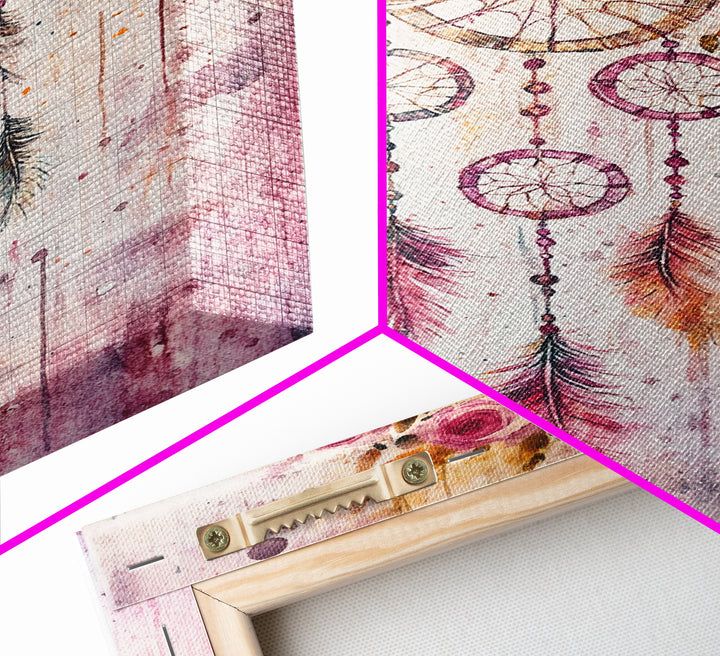 Dreamcatcher with Roses Framed Canvas Print Boho Bedroom Art Botanical Prints Pink Wall Art Light Pink Home Decor Wildflower Painting