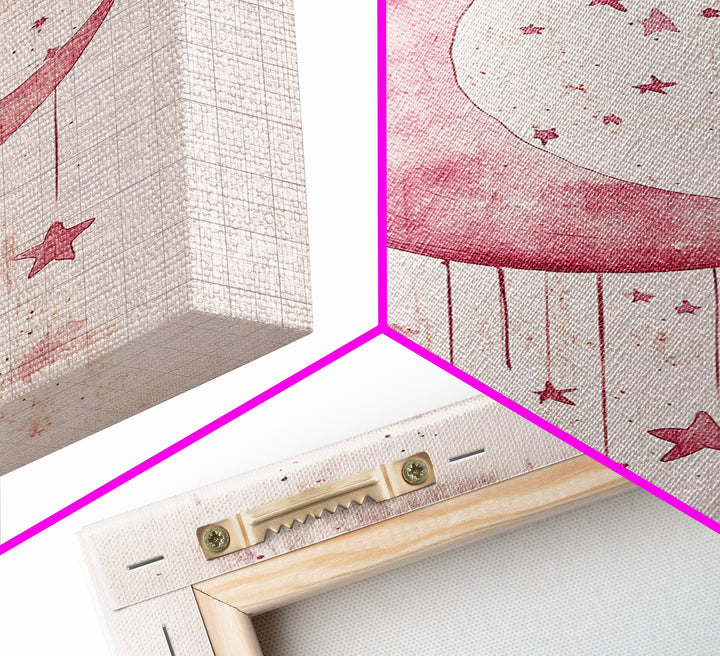 Crescent Moon and Stars Framed Canvas Print Mystical Boho Art Zen Wall Art Light Pink Wall Art Bedroom Art Dreamy Night Sky Decor