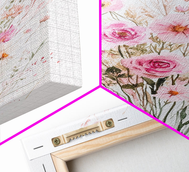 Elegant Pink Bouquet Framed Canvas Print Featuring Wildflower Painting Light Pink Wall Art Cottagecore Aesthetic Farmhouse Artwork