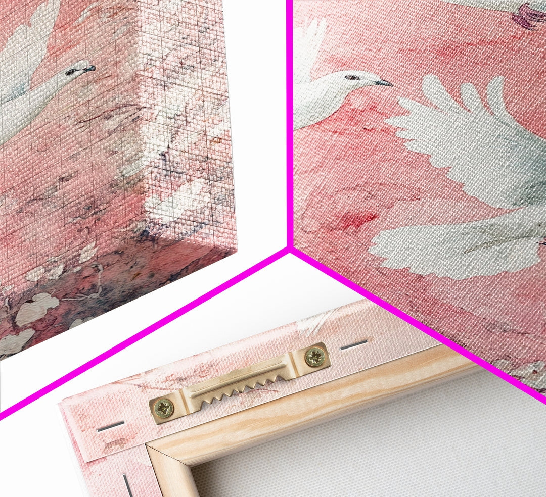Cherry Blossom Art with Peaceful Doves Framed Canvas Print, Angelic Bird Art Pink Decor, Whimsical Bedroom or Living Room Gift