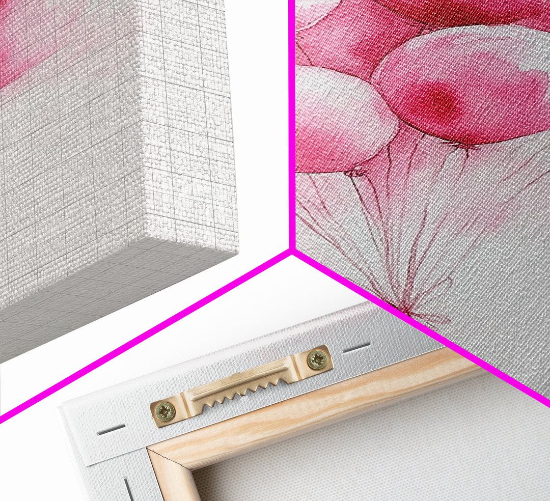 Pink Abstract Balloon Bouquet Framed Canvas Print, Whimsical Party Wall Art Light Pink Decor, Ideal Rustic Bedroom Aesthetic