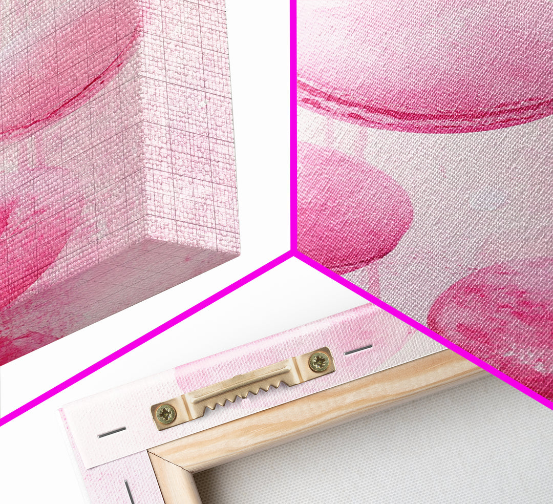 Cute pink macarons whimsical kitchen framed canvas print food review dessert art playful pastel decor cozy gift idea fun wall art