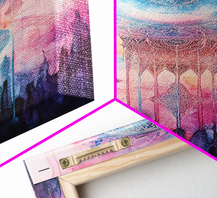 Mystic Sacred Geometry Framed Canvas Print with Bahai Art Elements and Vibrant Pink Blue Abstract, Boho Home Wall Decor